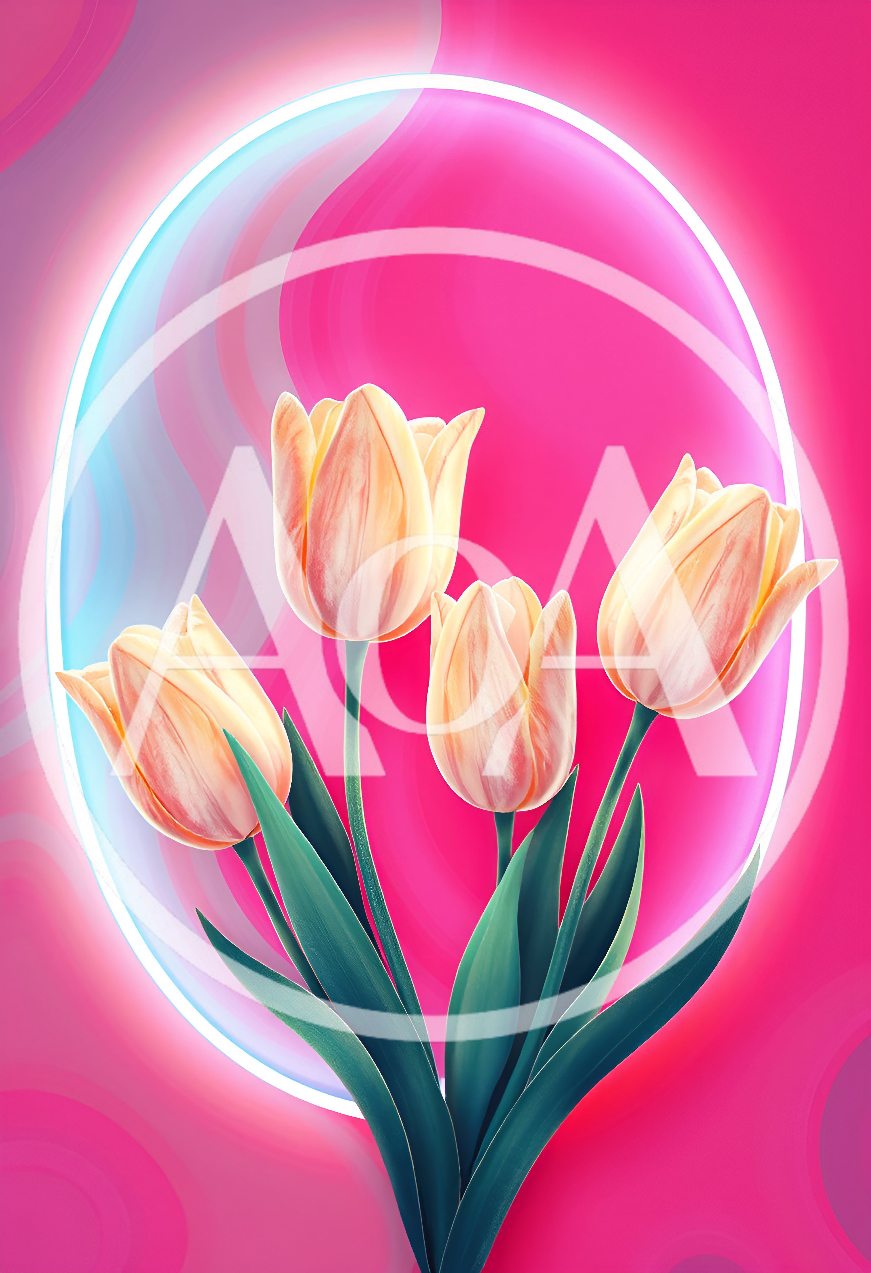 Four Pale Peach Tulips Inside A Glowing Neon Oval