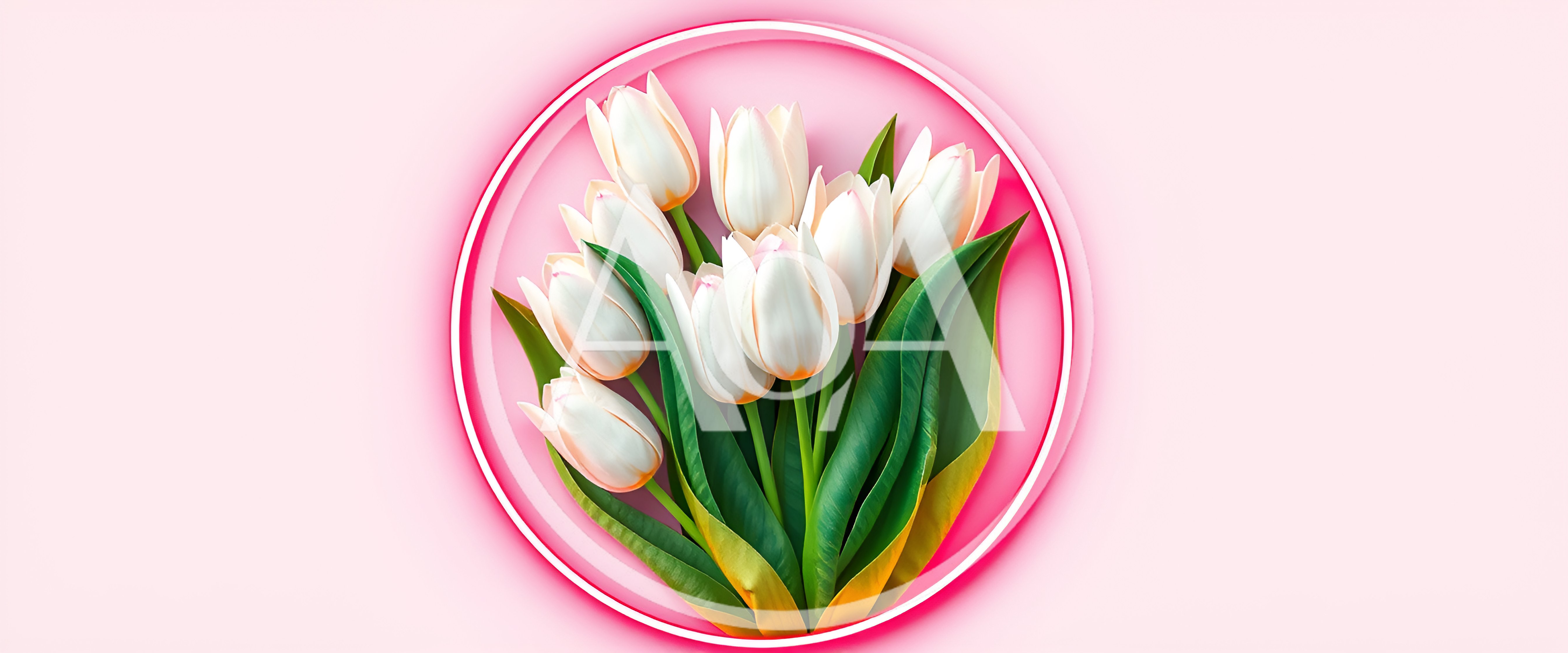 Bouquet Of White Tulips In A Pink Circle