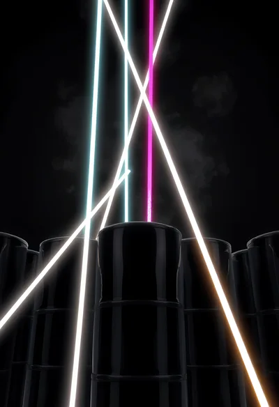 Black Oil Barrels With Neon Laser Light Beams