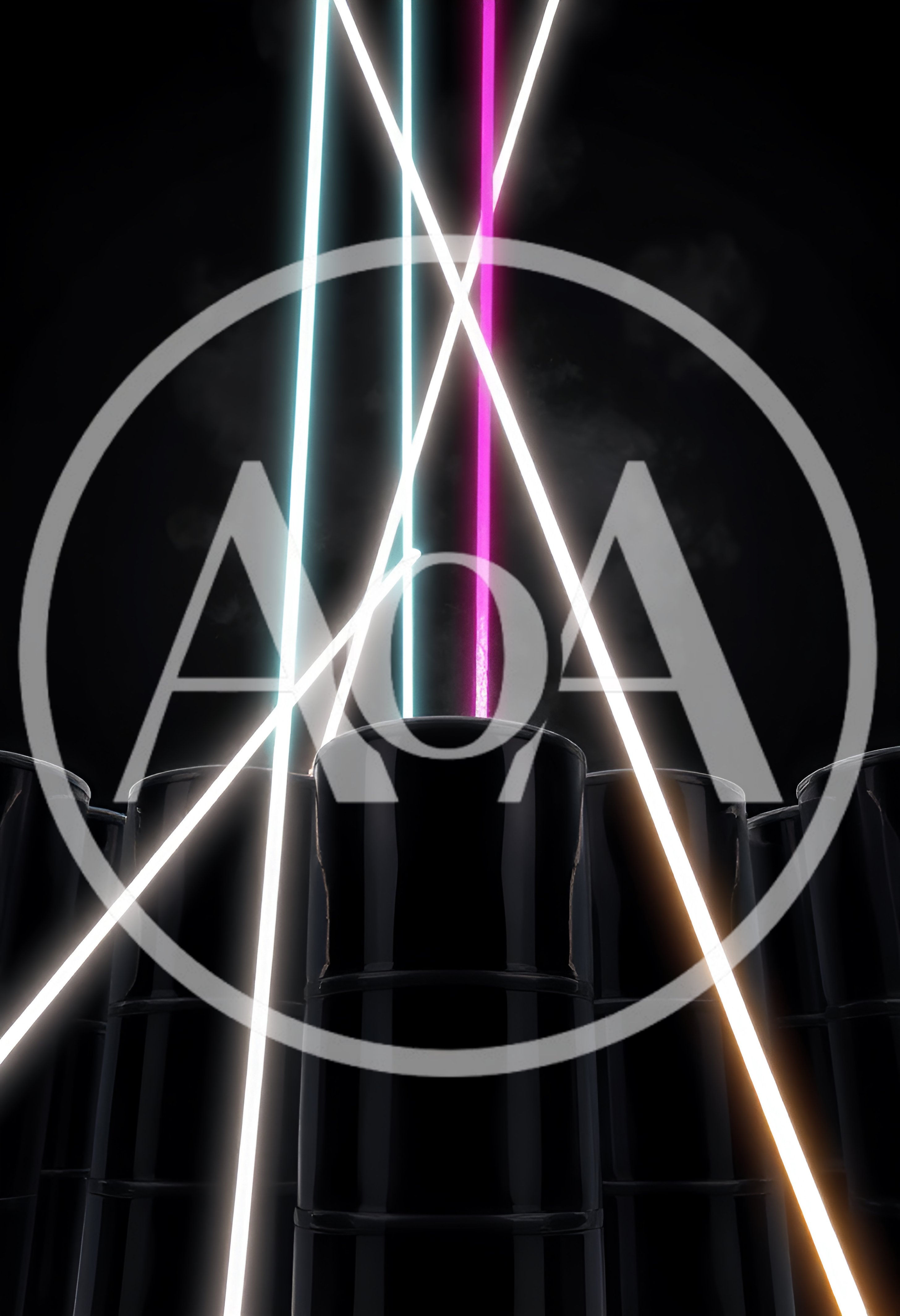 Black Oil Barrels With Neon Laser Light Beams