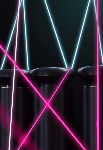 Abstract Neon Laser Beams Over Dark Cylindrical Pillars