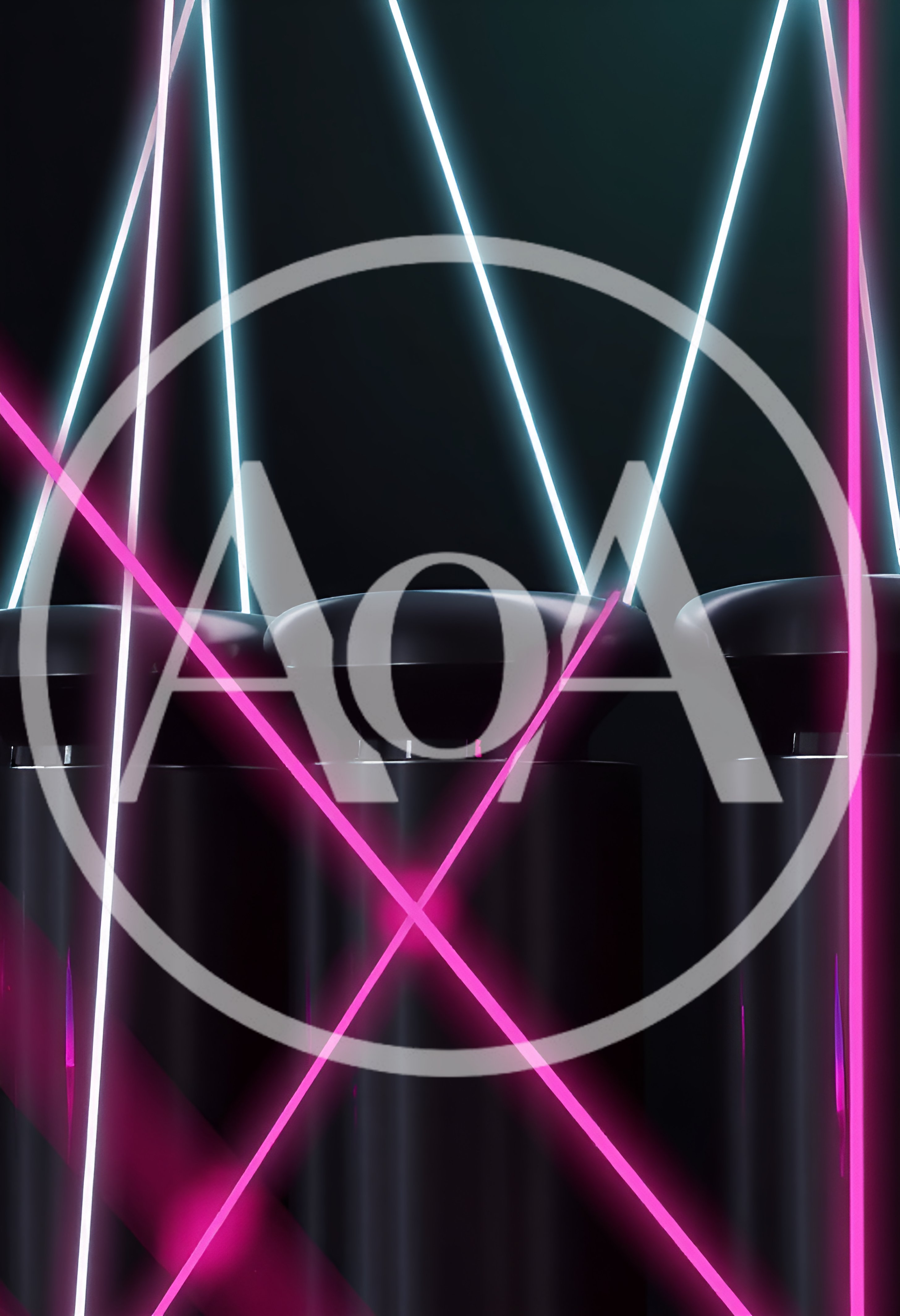 Abstract Neon Laser Beams Over Dark Cylindrical Pillars