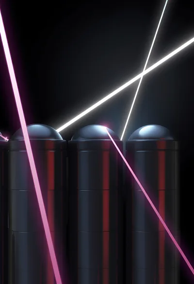 Abstract 3D Render Of Metallic Cylinders With Laser Beams
