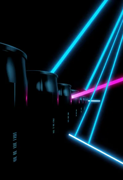 Abstract Neon Light Trails Over Dark Cylindrical Objects