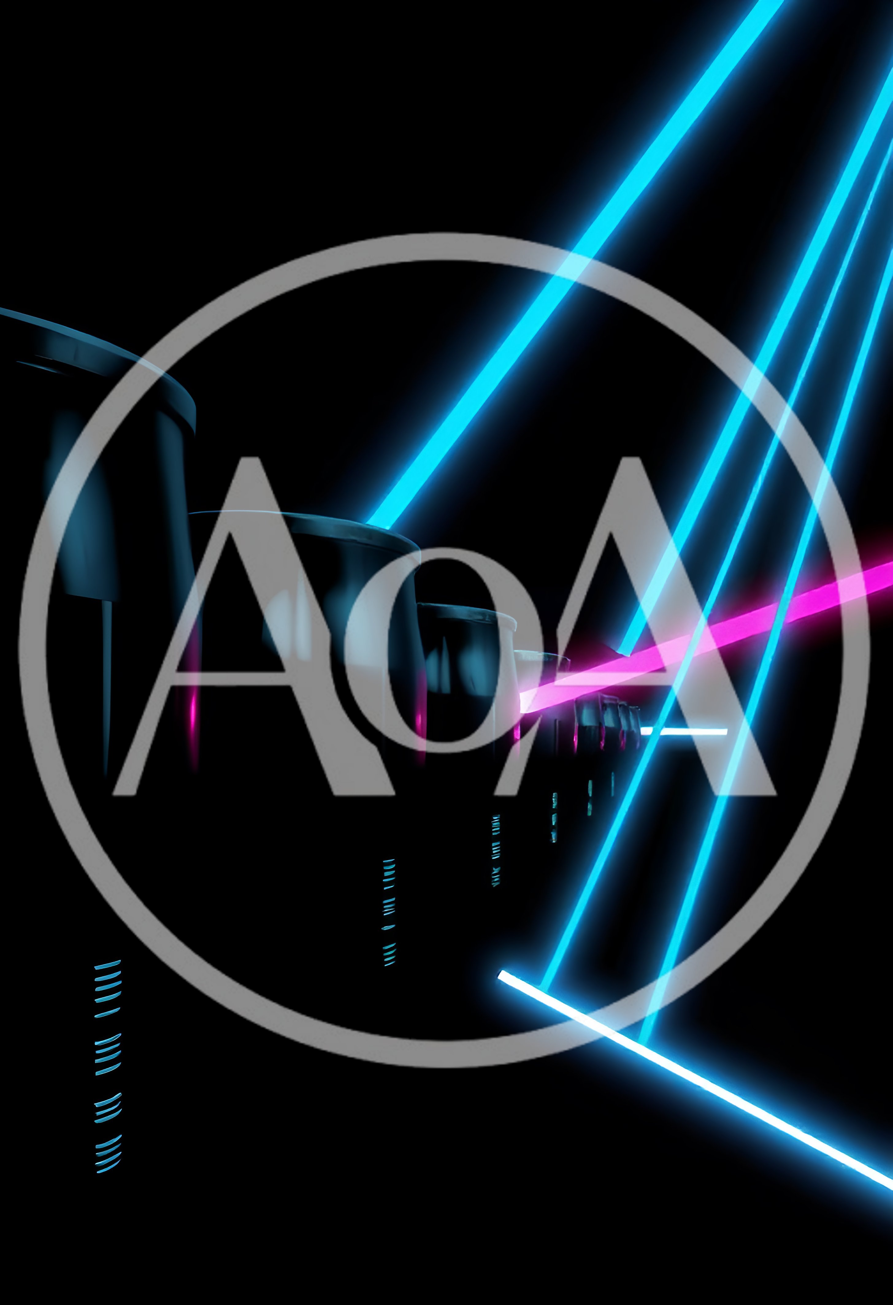 Abstract Neon Light Trails Over Dark Cylindrical Objects