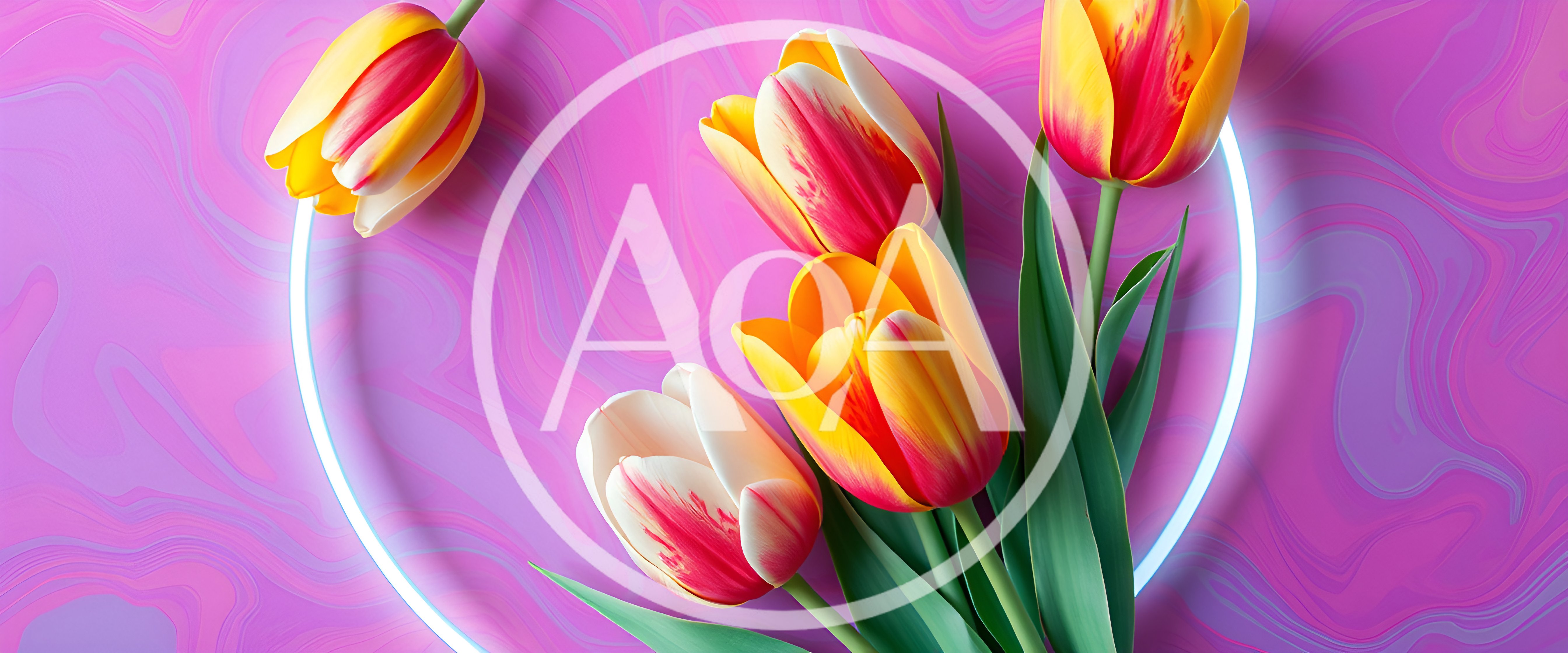 Colorful Tulips Arranged Inside A Glowing Neon Circle