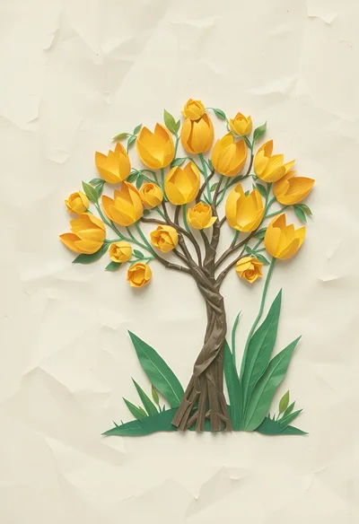 Paper Craft Tree With Yellow Tulip Blossoms