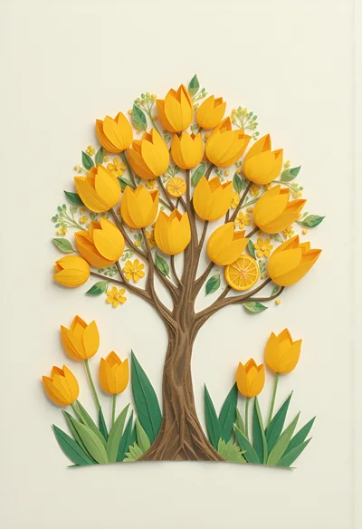 Paper Craft Tree With Yellow Tulips And Citrus