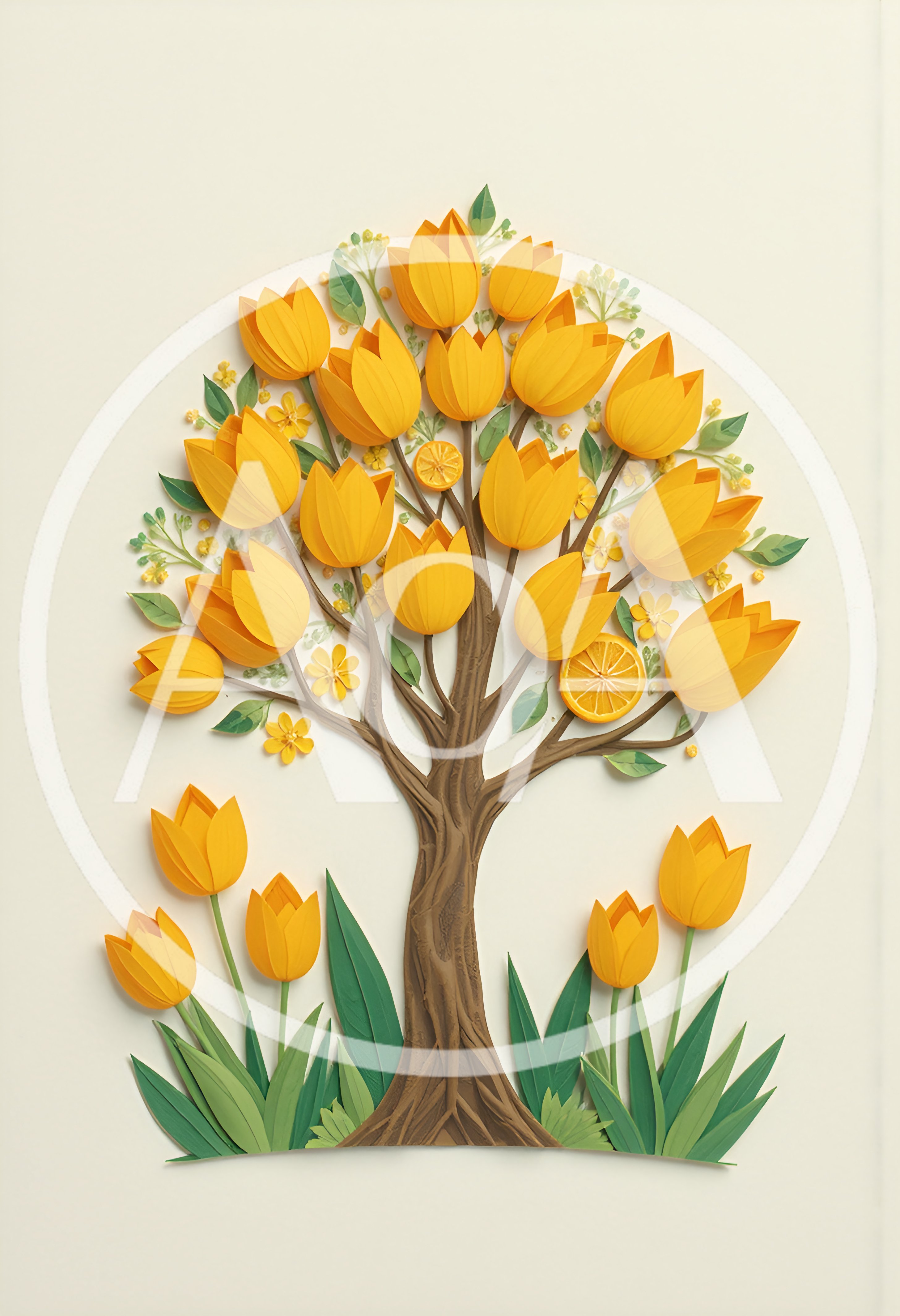 Paper Craft Tree With Yellow Tulips And Citrus