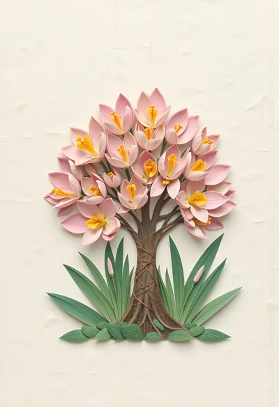 Paper Craft Tree With Pink Flowers And Green Leaves