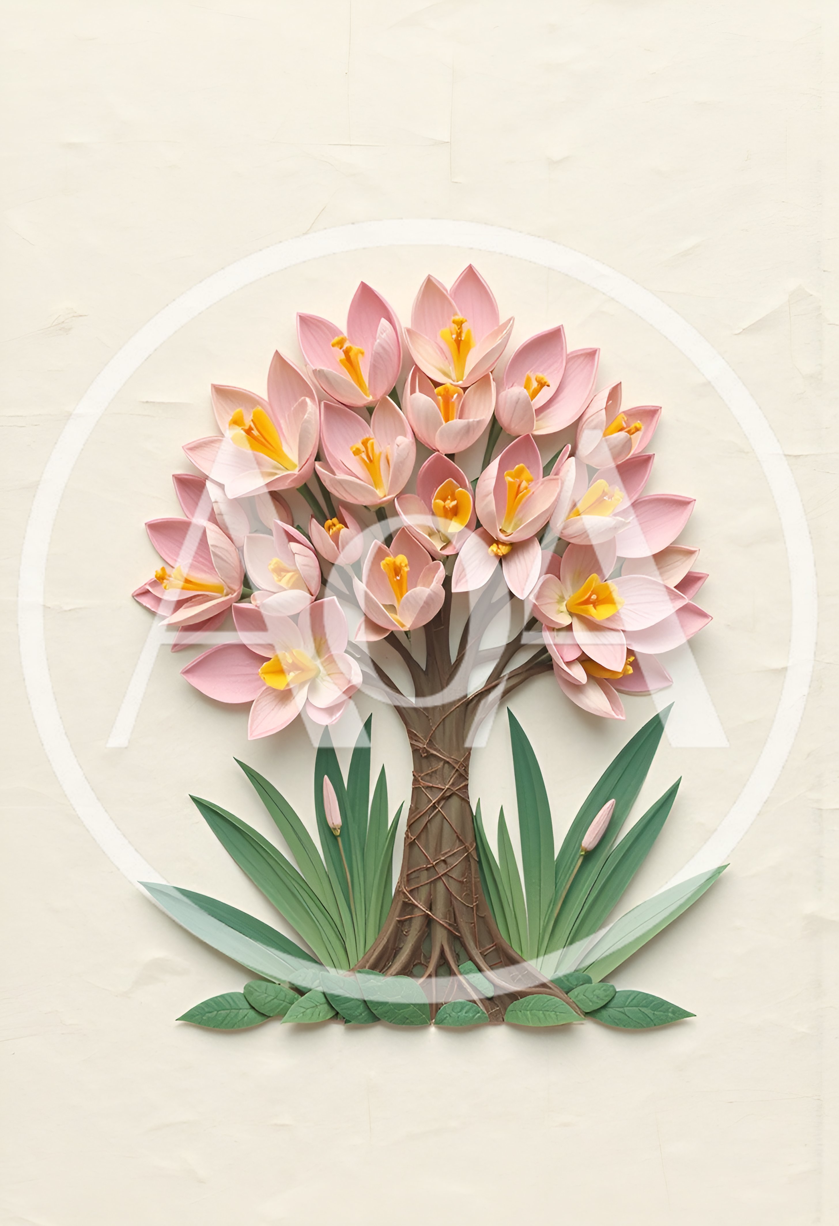 Paper Craft Tree With Pink Flowers And Green Leaves