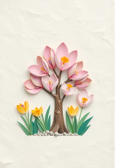 Paper Craft Tree With Pink And Yellow Flowers