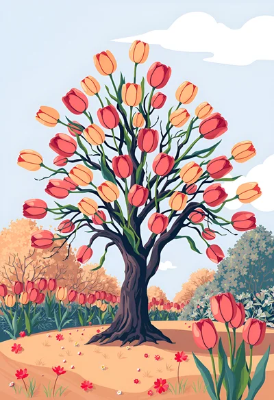 Whimsical Tulip Tree Illustration In A Spring Garden