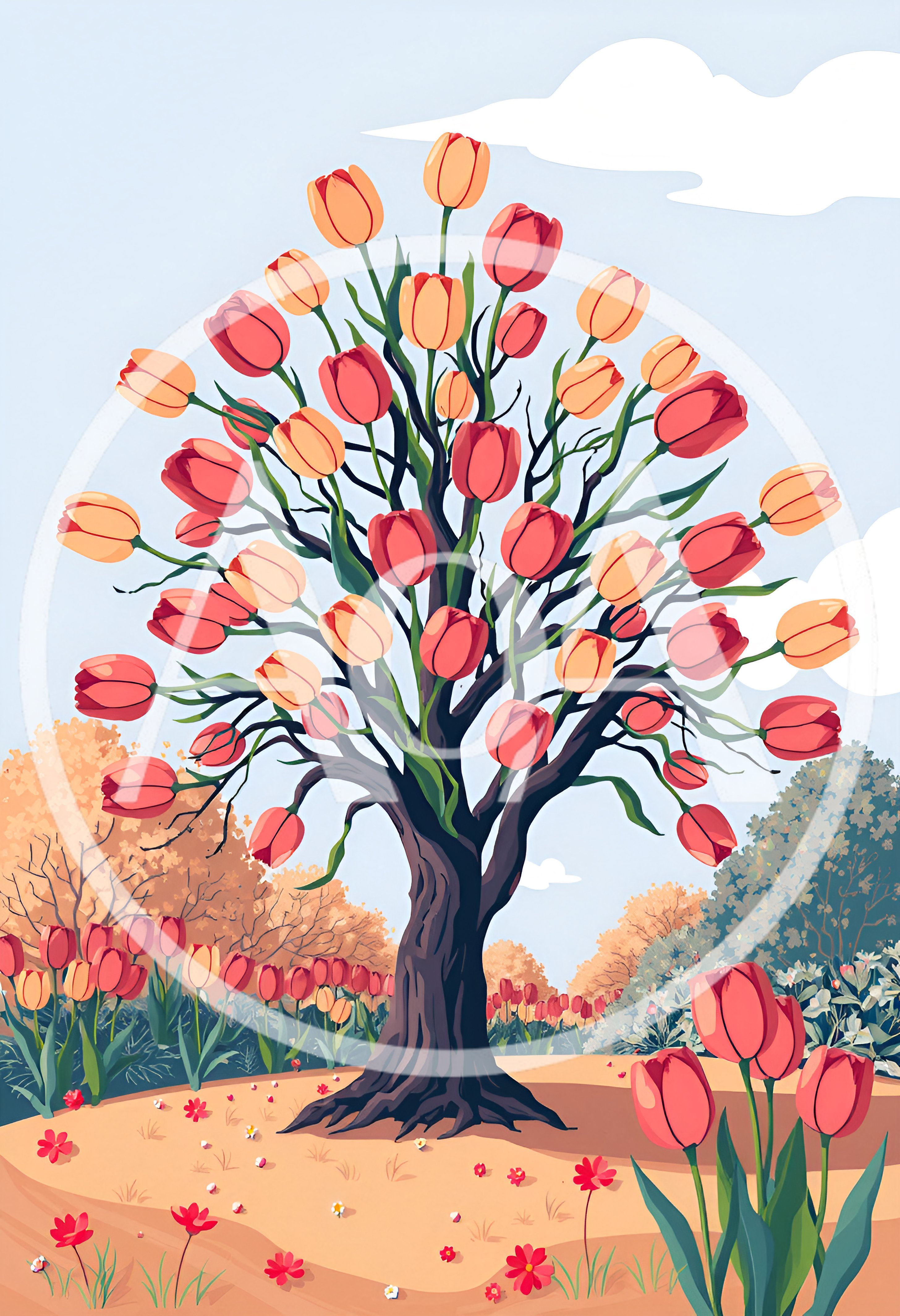 Whimsical Tulip Tree Illustration In A Spring Garden