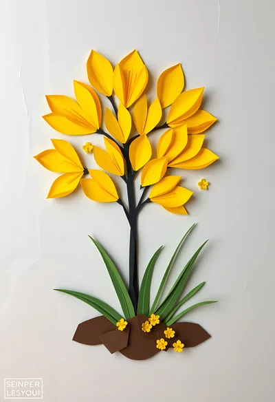 Paper Craft Tree With Yellow Leaves And Green Grass