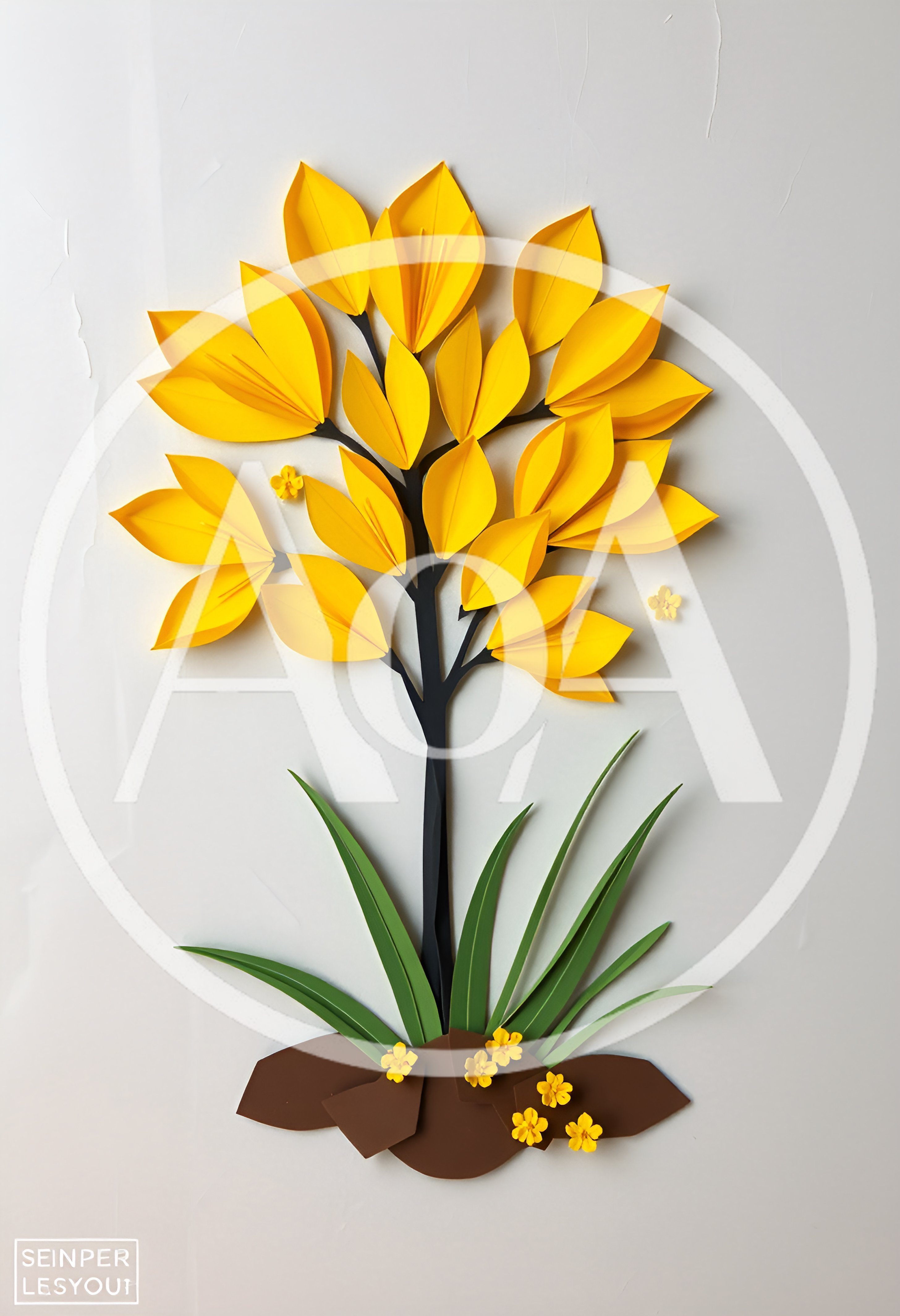 Paper Craft Tree With Yellow Leaves And Green Grass