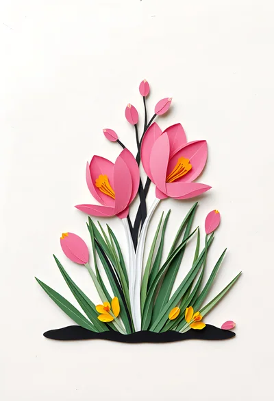 Paper Craft Crocus Flowers On White Background