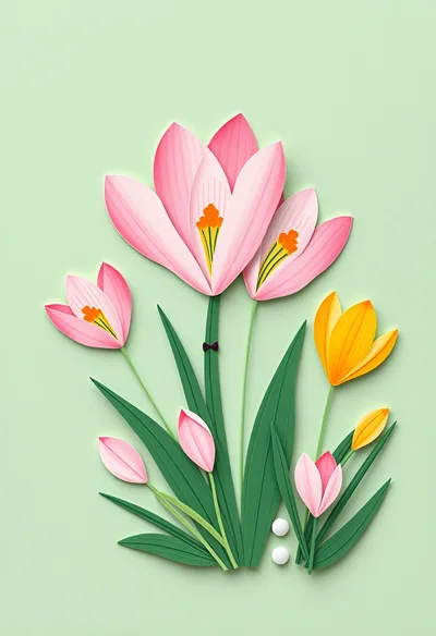 Paper Craft Crocus Flowers On Pastel Green Background