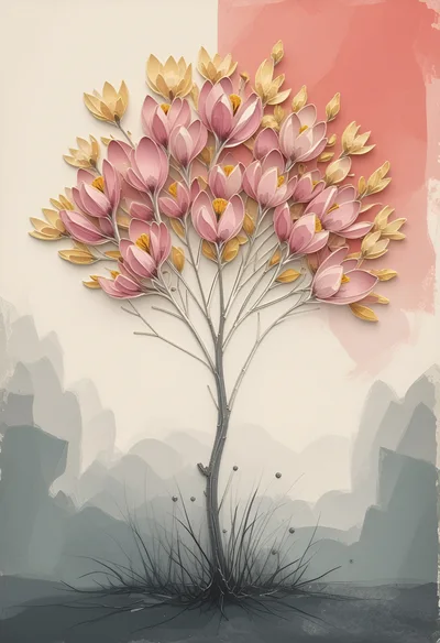 Stylized Magnolia Tree Illustration With Soft Watercolor Background