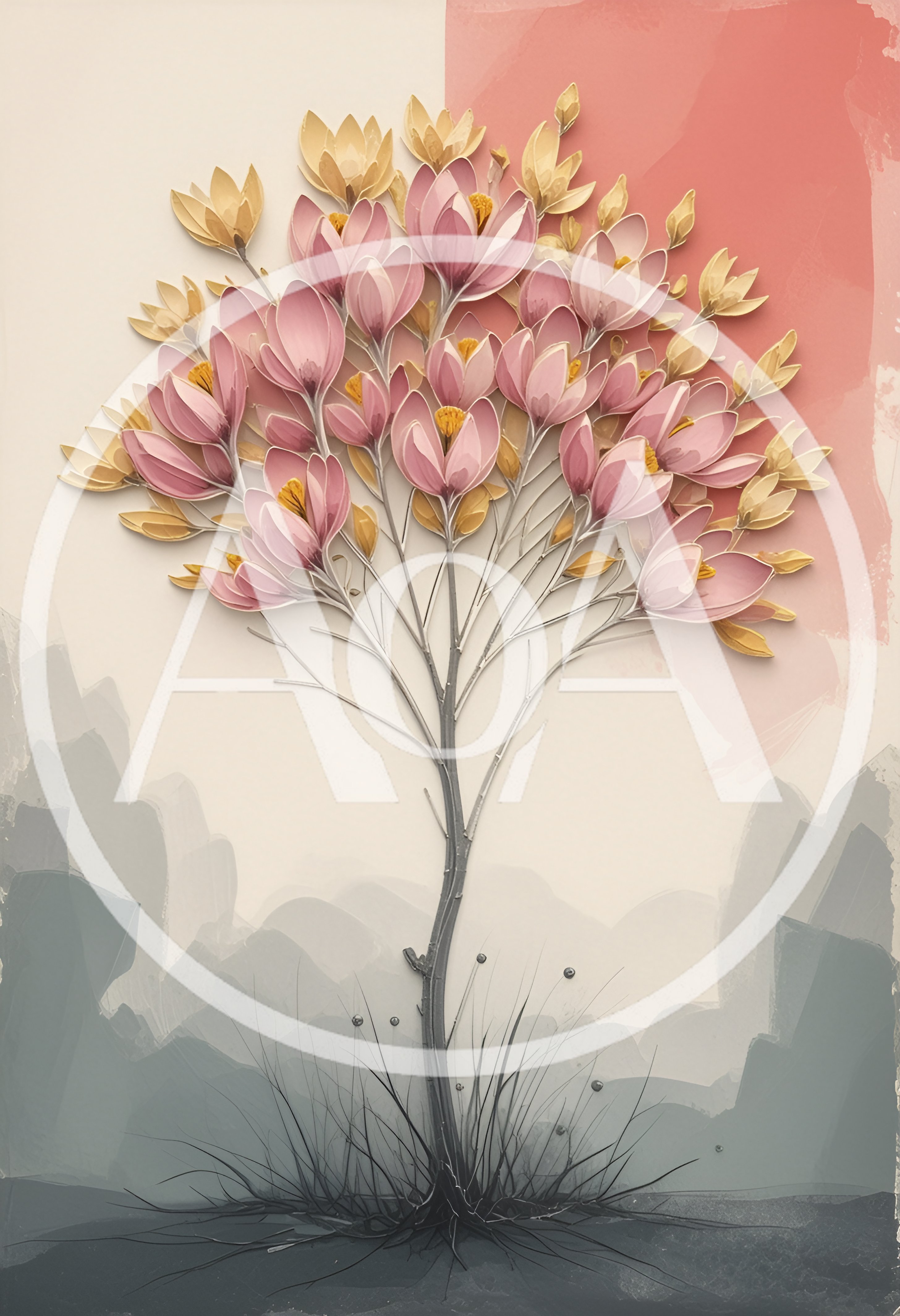 Stylized Magnolia Tree Illustration With Soft Watercolor Background