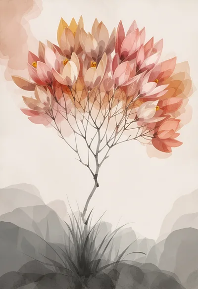 Watercolor Illustration Of A Flowering Tree