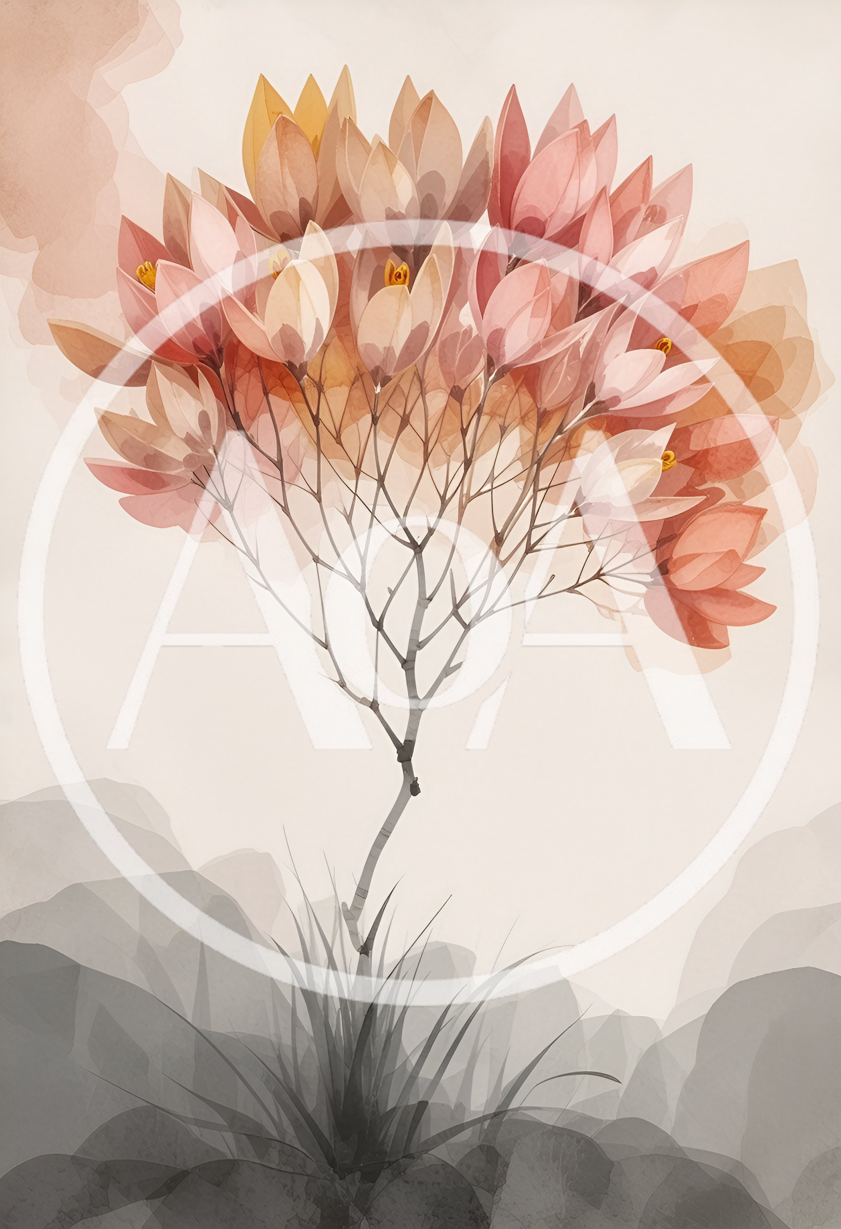 Watercolor Illustration Of A Flowering Tree