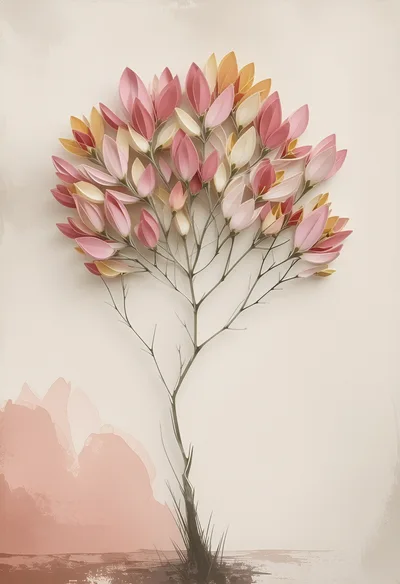 Minimalist Botanical Illustration Of A Stylized Flowering Tree