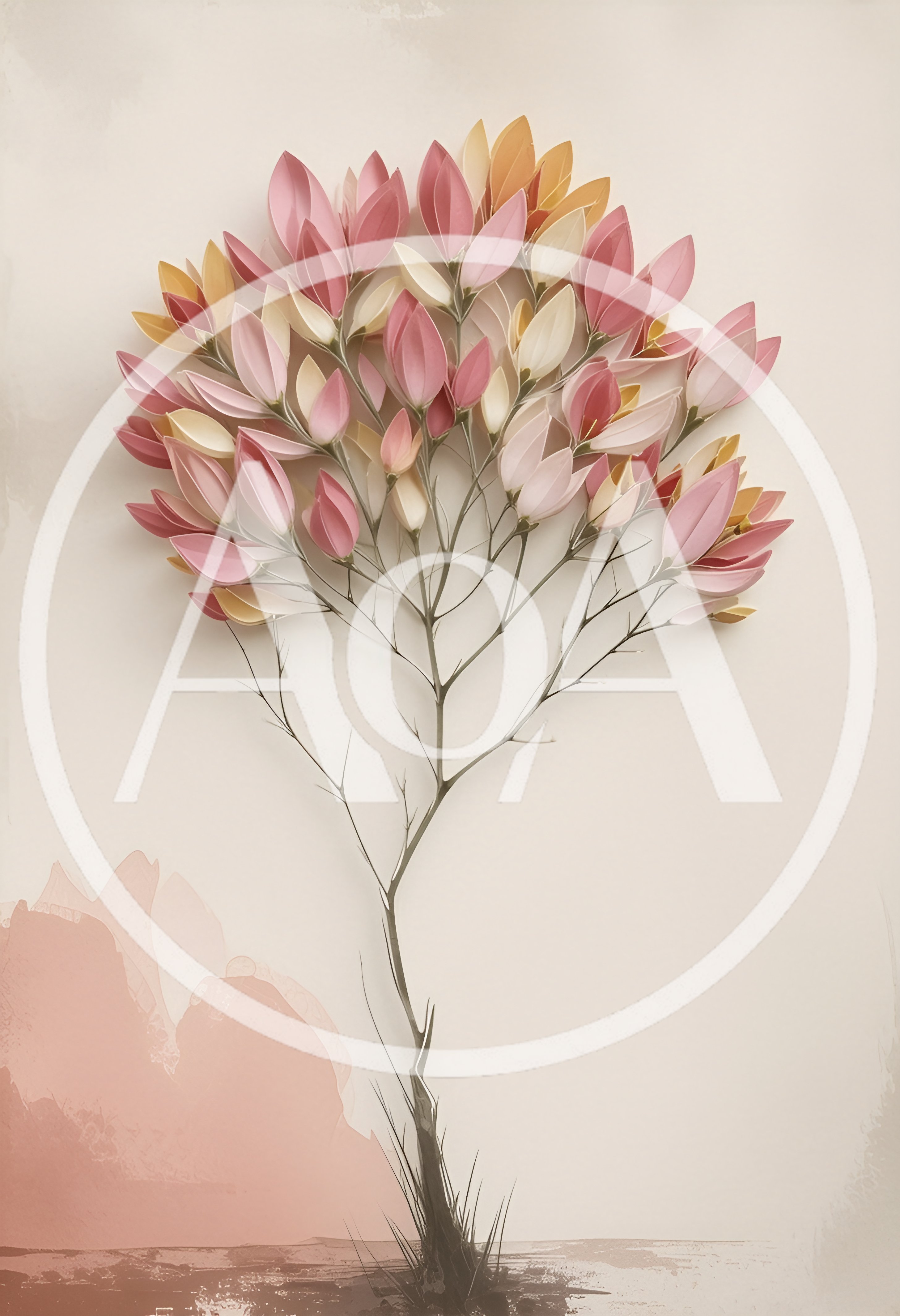 Minimalist Botanical Illustration Of A Stylized Flowering Tree