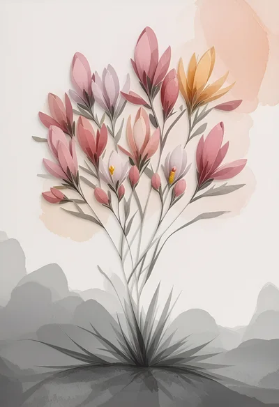 Watercolor Illustration Of Delicate Pink And Yellow Flowers