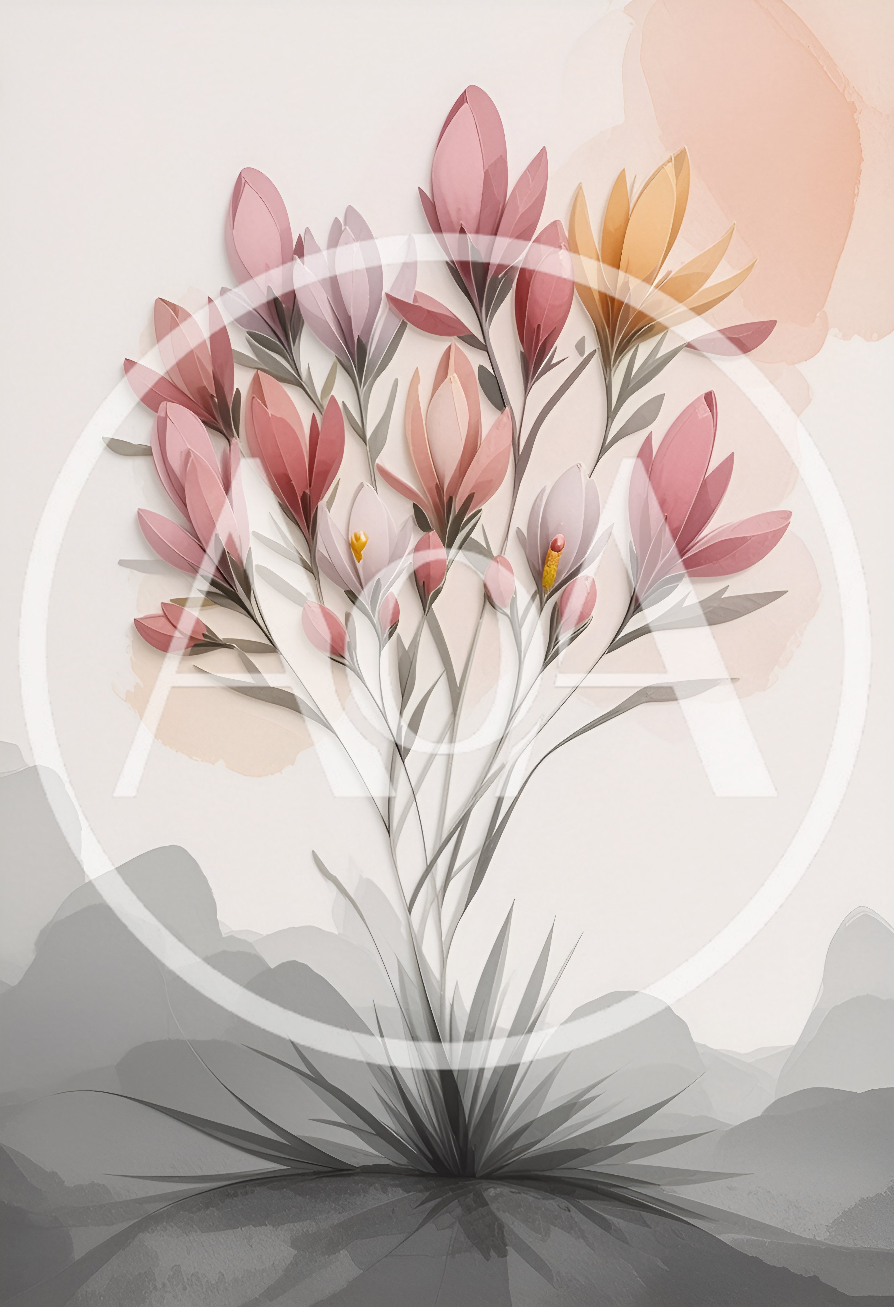 Watercolor Illustration Of Delicate Pink And Yellow Flowers
