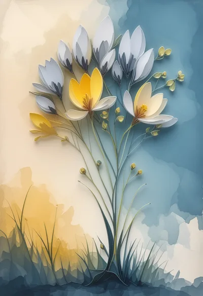 Watercolor Illustration Of Delicate Spring Crocus Flowers