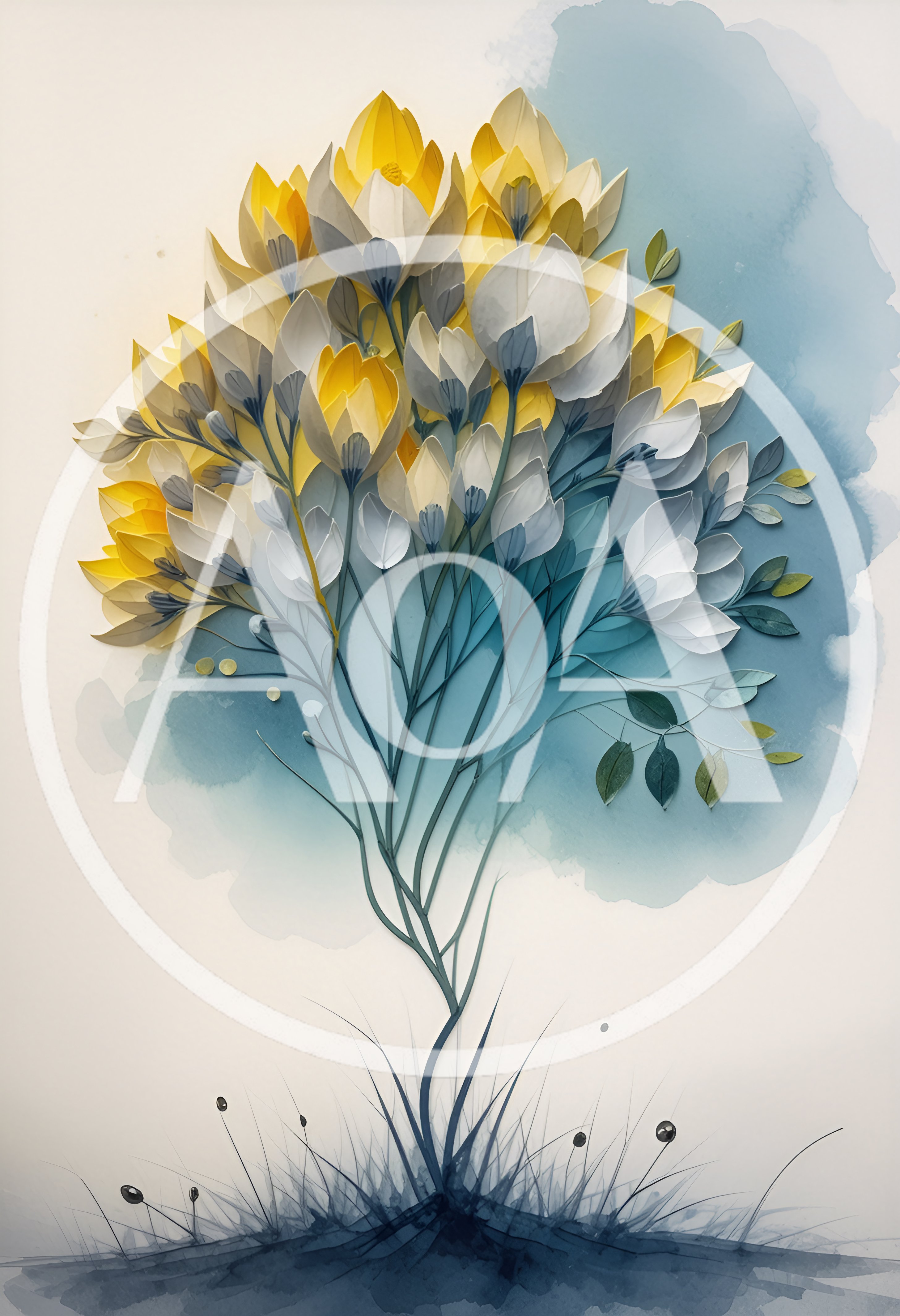 Abstract Watercolor Illustration Of Yellow And White Flowers