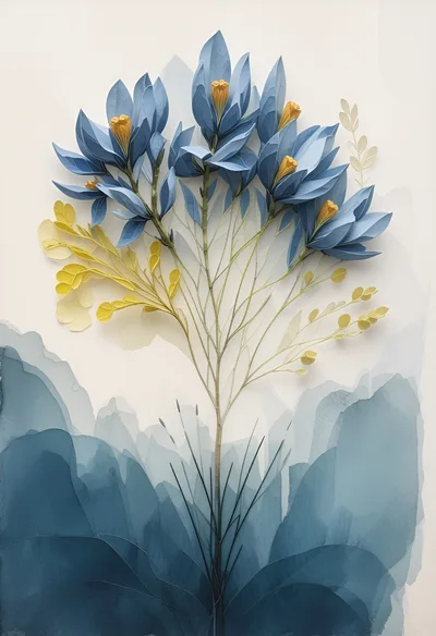 Abstract Watercolor Illustration Of Blue Flowers And Foliage