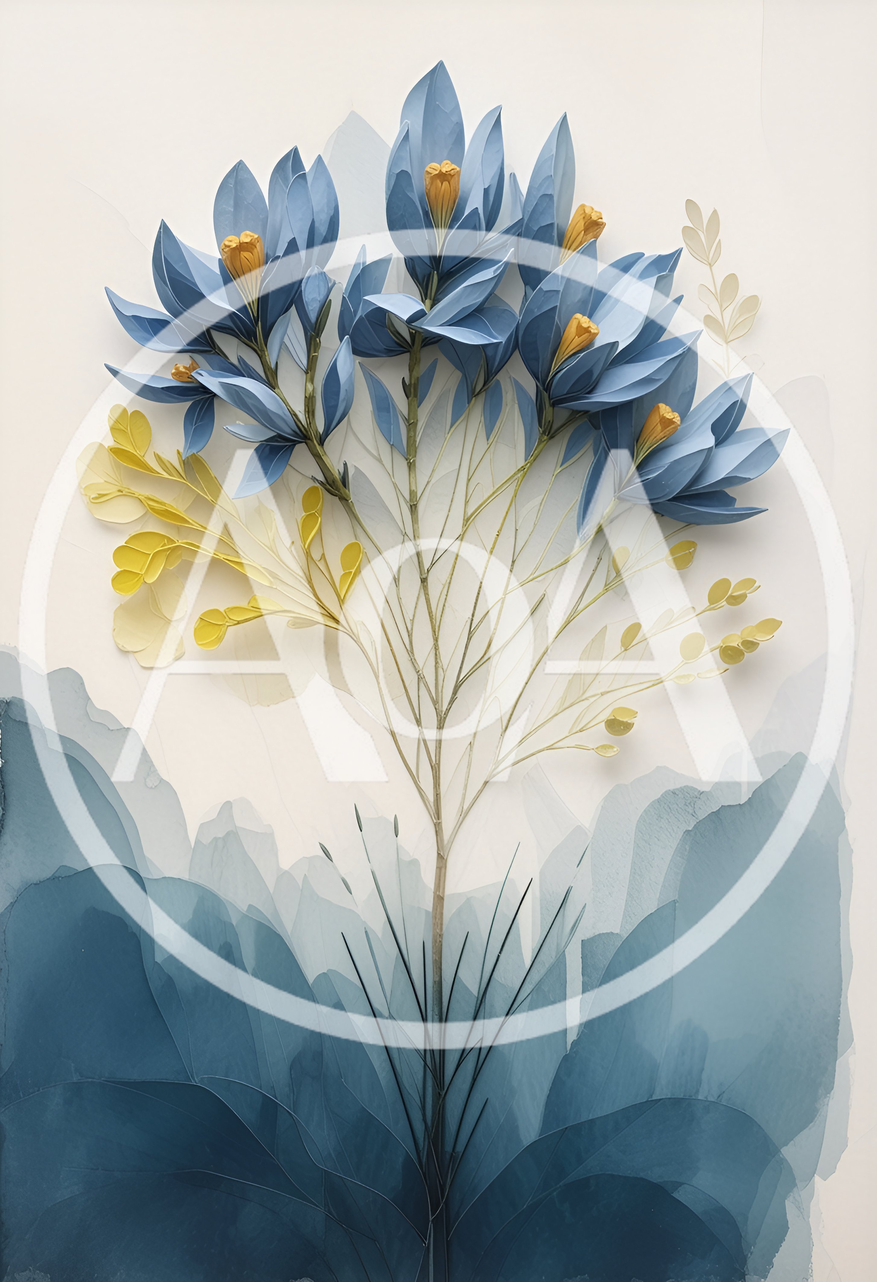 Abstract Watercolor Illustration Of Blue Flowers And Foliage