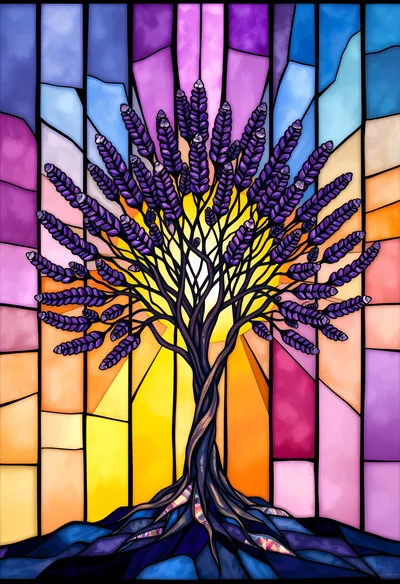 Stained Glass Tree With Lavender Flowers
