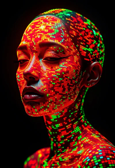 Digital Human Portrait With Glowing Pixelated Skin Texture