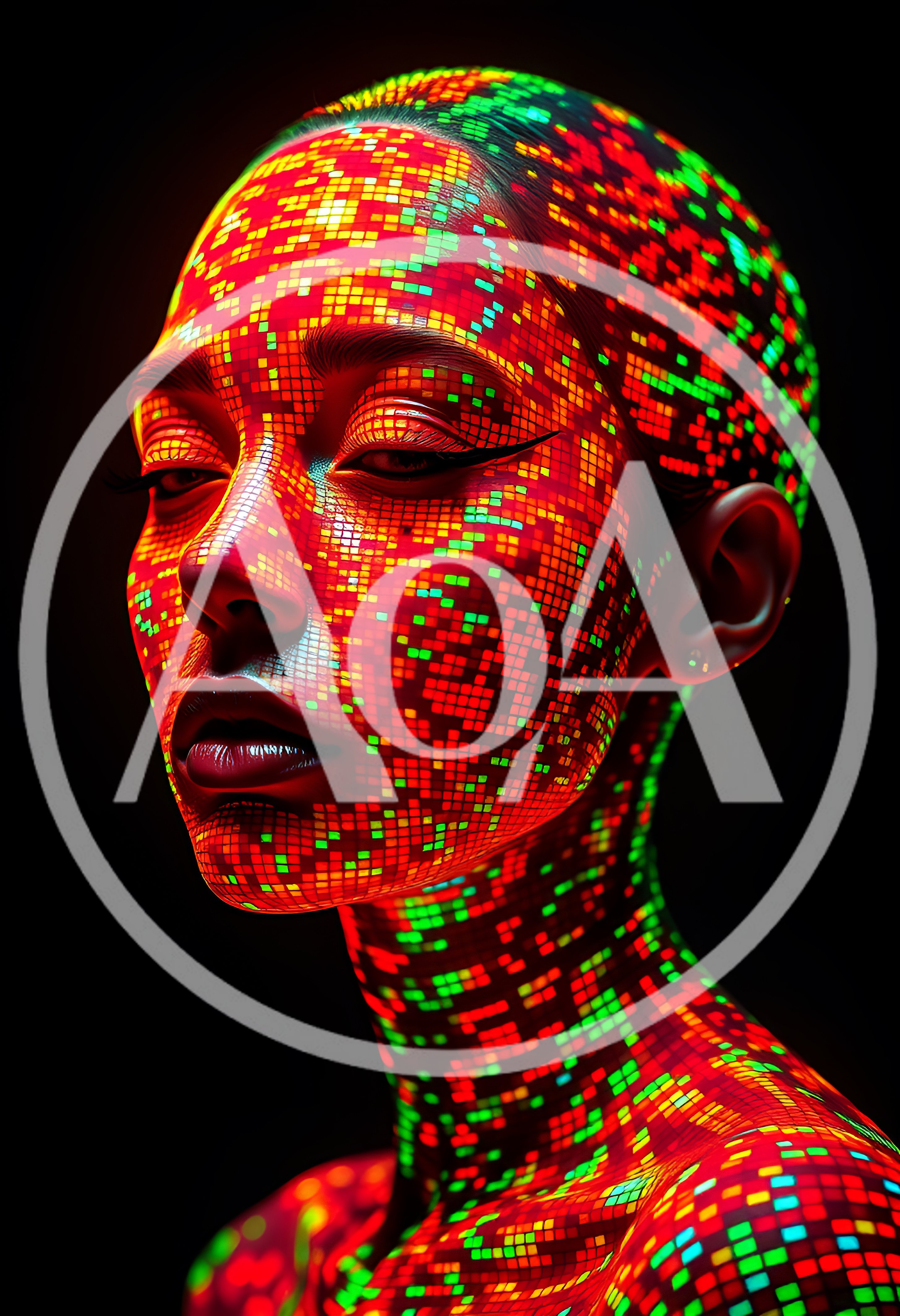 Digital Human Portrait With Glowing Pixelated Skin Texture