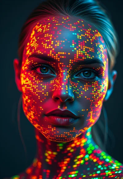 Digital Portrait Of A Woman With Glowing Pixelated Skin