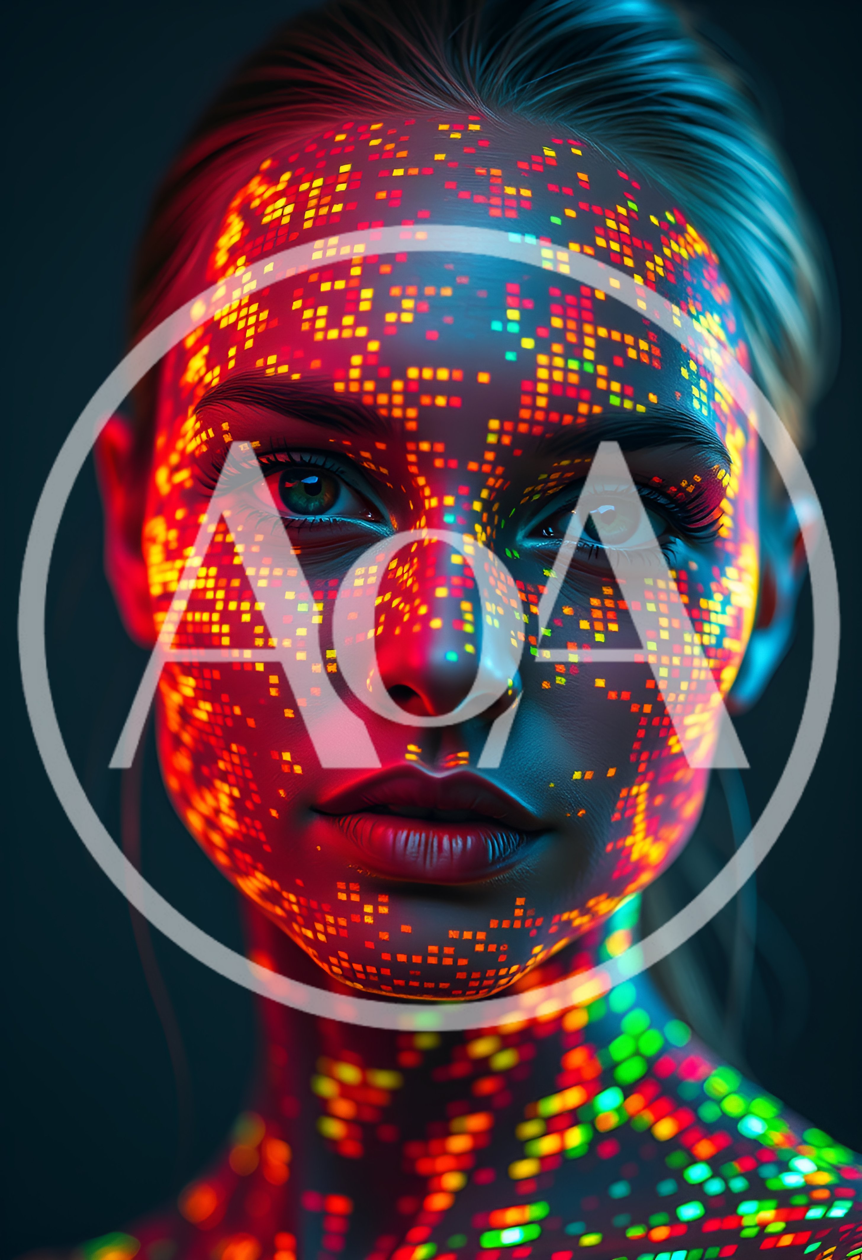Digital Portrait Of A Woman With Glowing Pixelated Skin