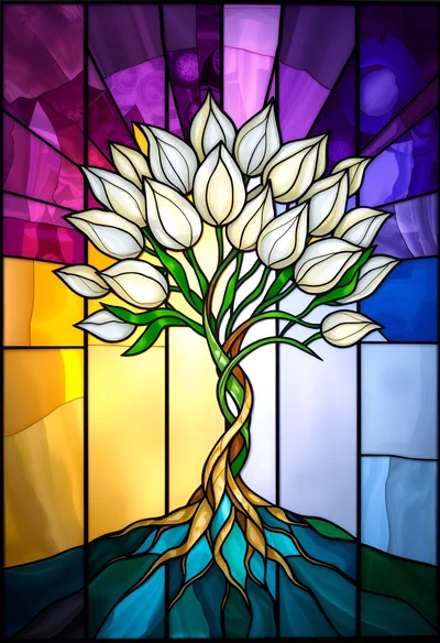 Stained Glass Tree With White Tulip Blossoms