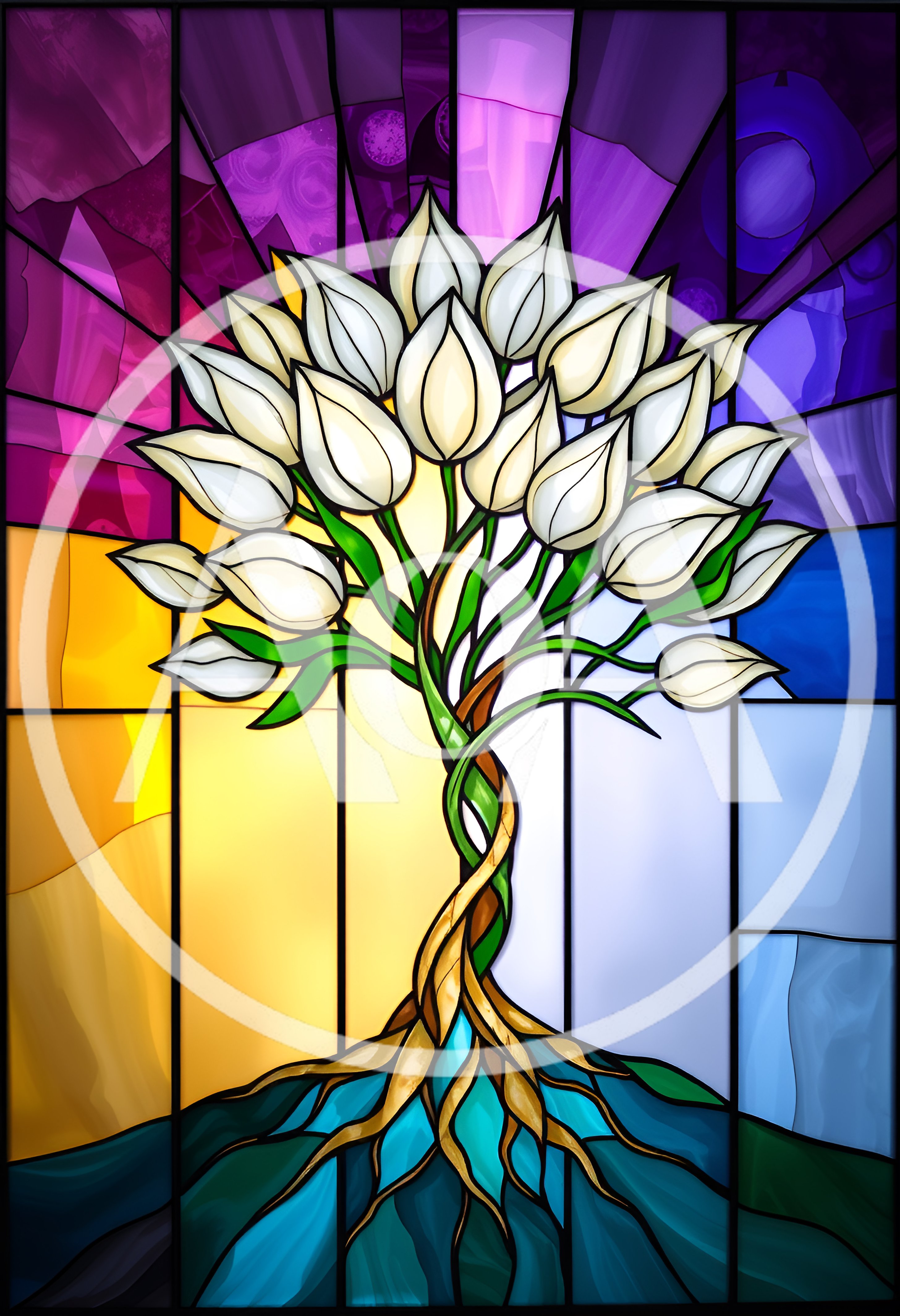 Stained Glass Tree With White Tulip Blossoms