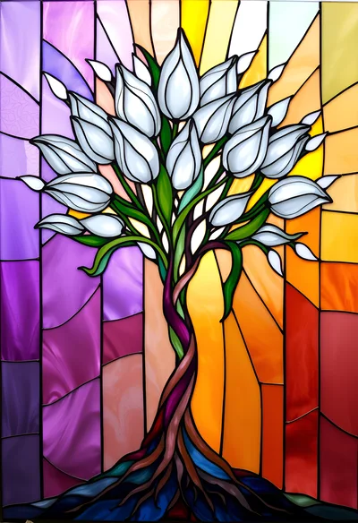 Stained Glass Tree With White Tulip Blossoms