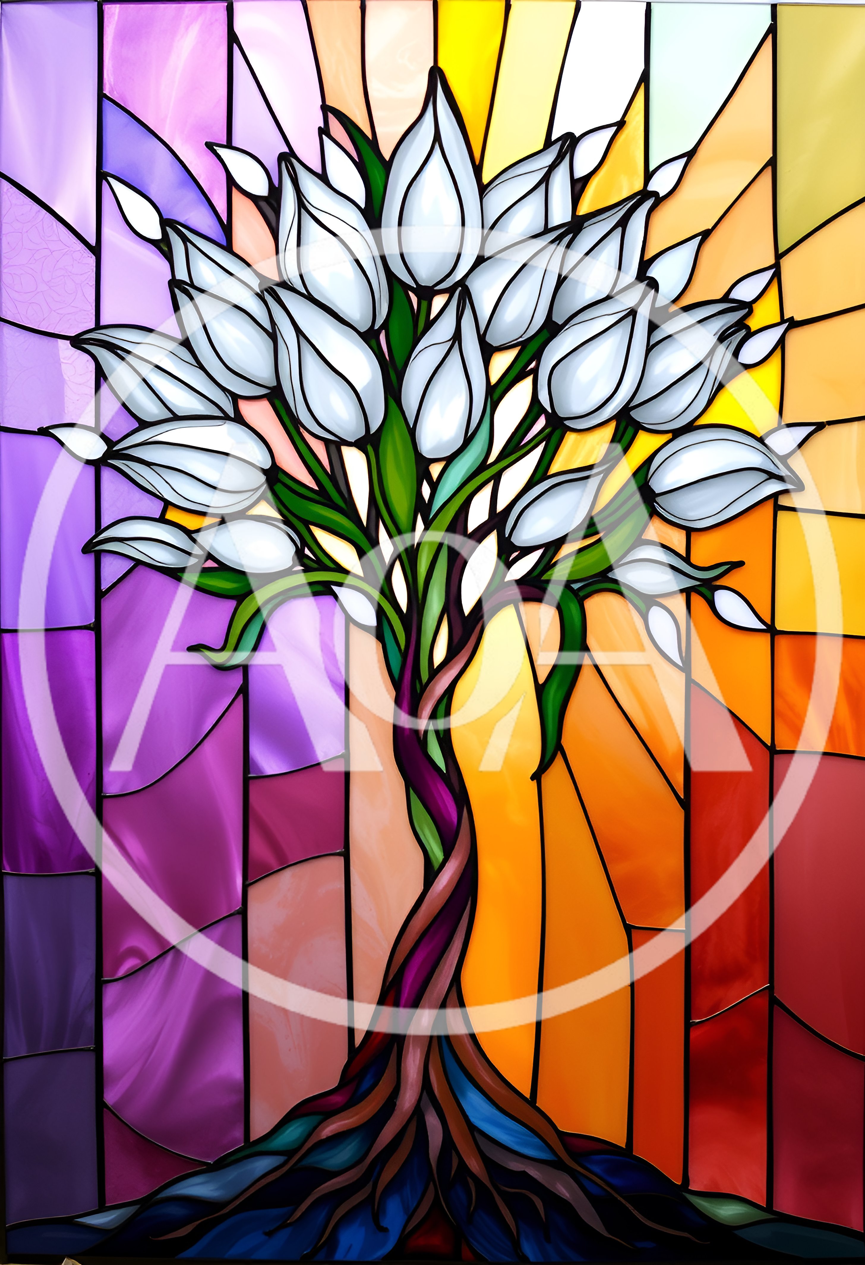 Stained Glass Tree With White Tulip Blossoms