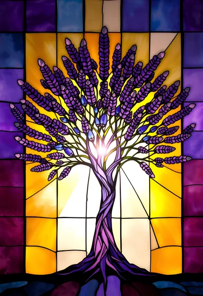 Stained Glass Tree Of Life With Purple Lavender Leaves