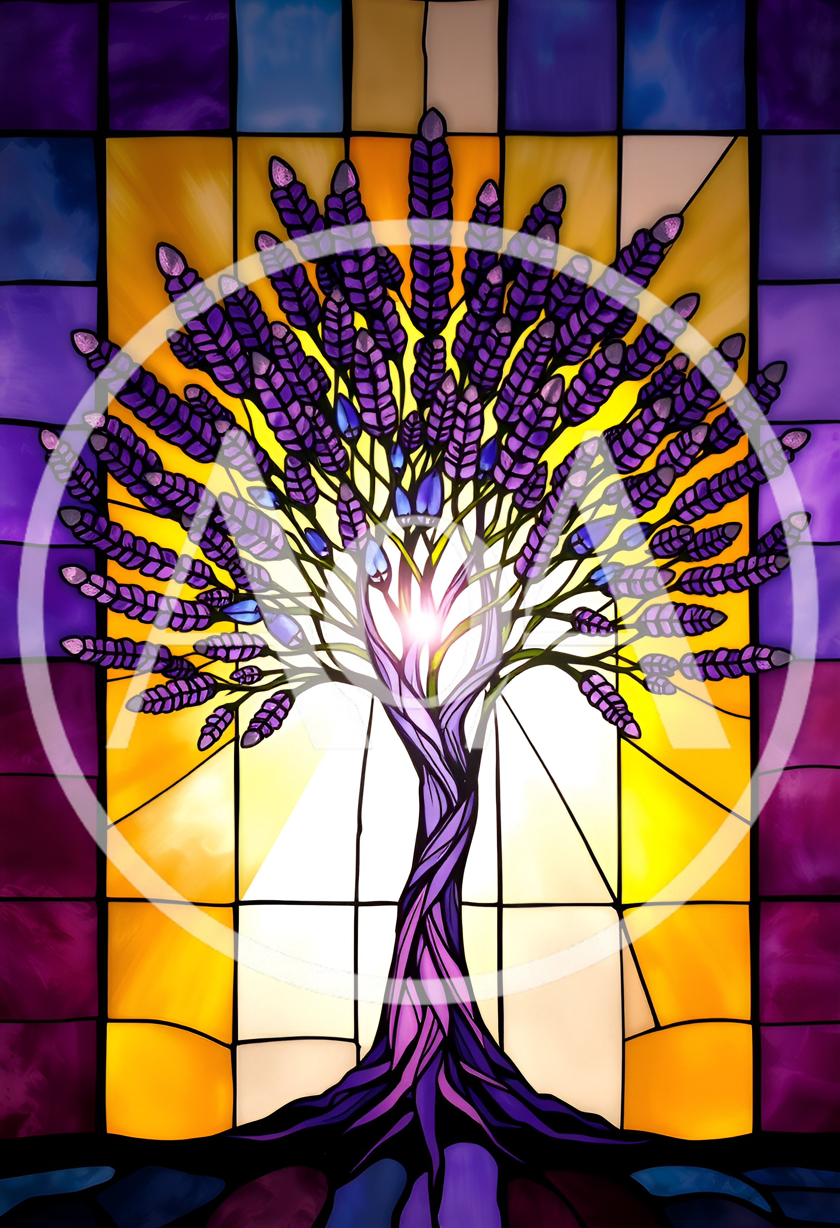 Stained Glass Tree Of Life With Purple Lavender Leaves