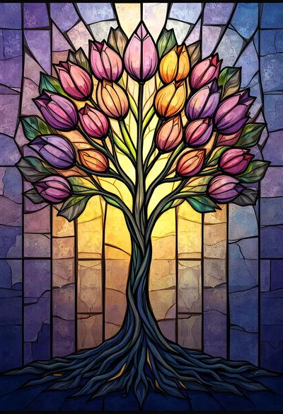 Stained Glass Tree With Colorful Tulip Blossoms