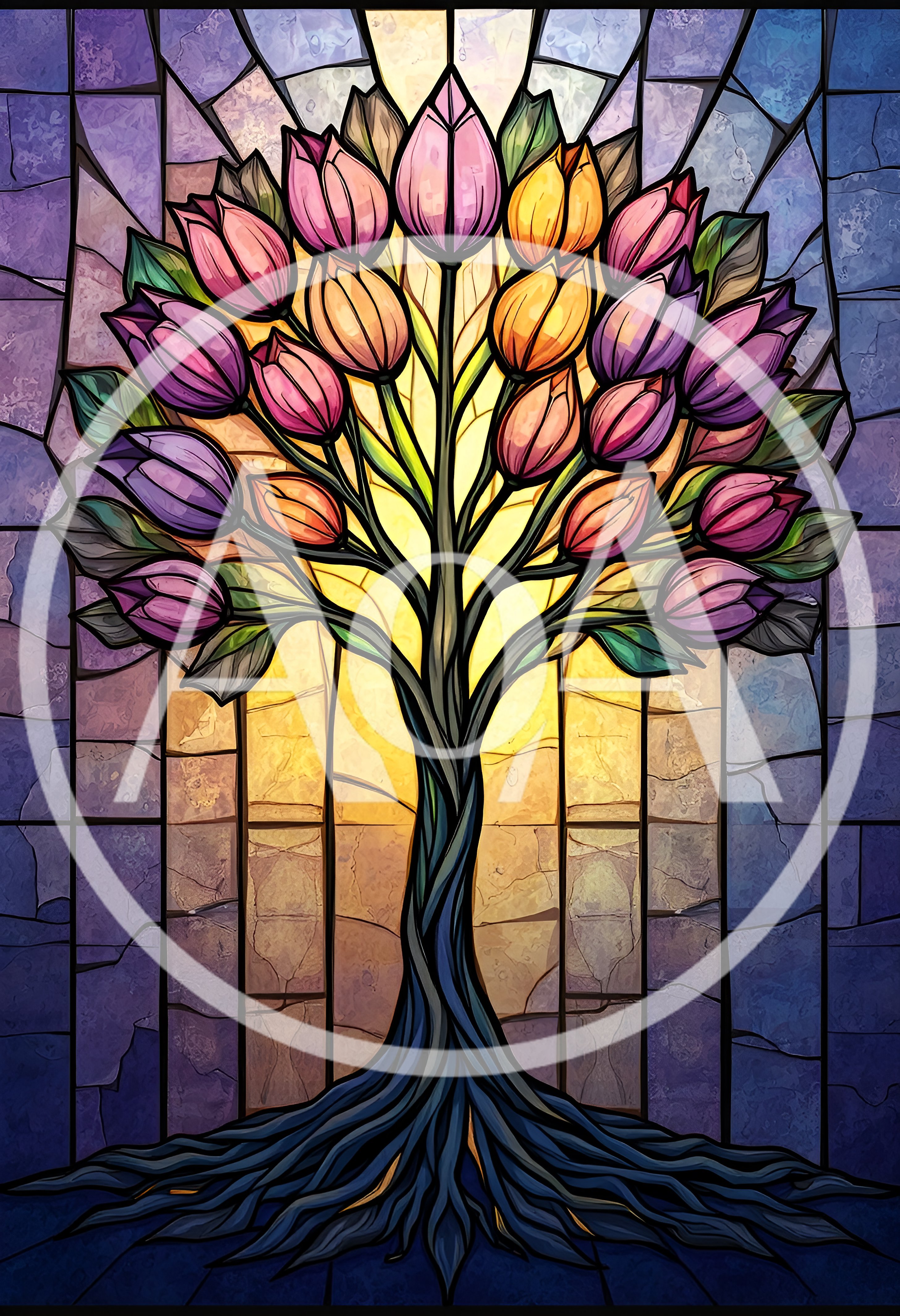 Stained Glass Tree With Colorful Tulip Blossoms