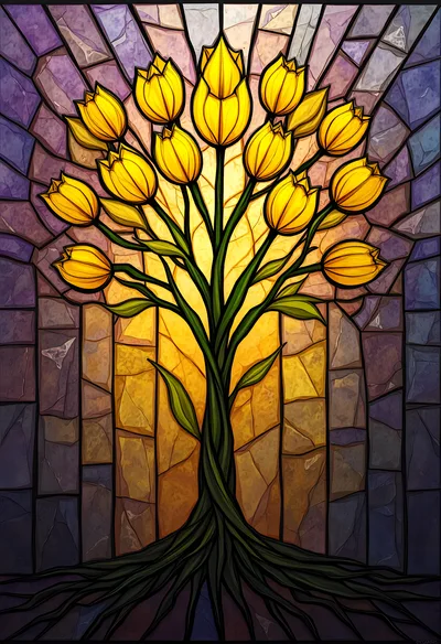 Stained Glass Tree With Yellow Tulip Blossoms