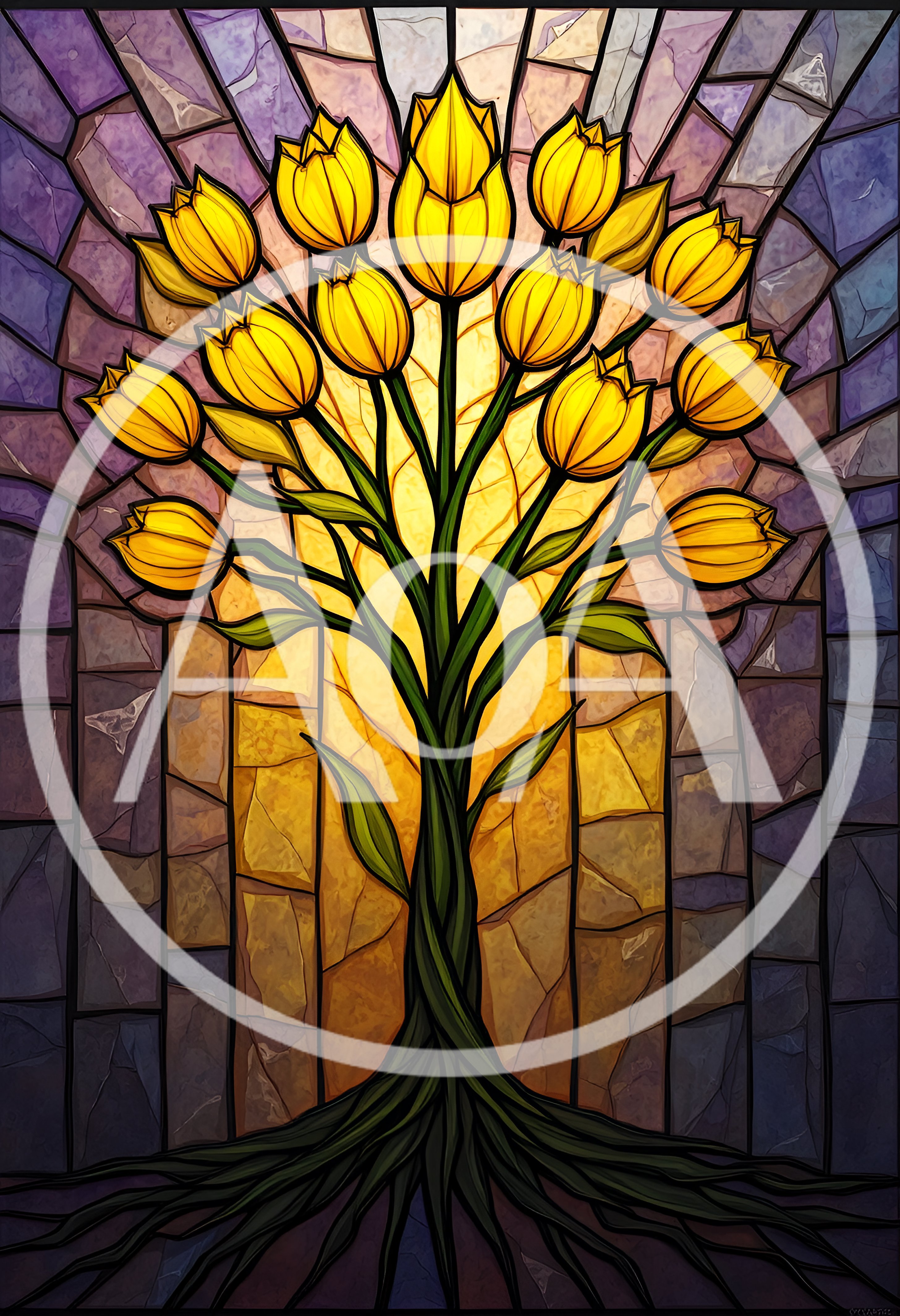 Stained Glass Tree With Yellow Tulip Blossoms