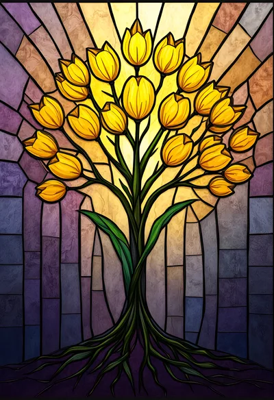 Stained Glass Tree With Yellow Tulip Blossoms